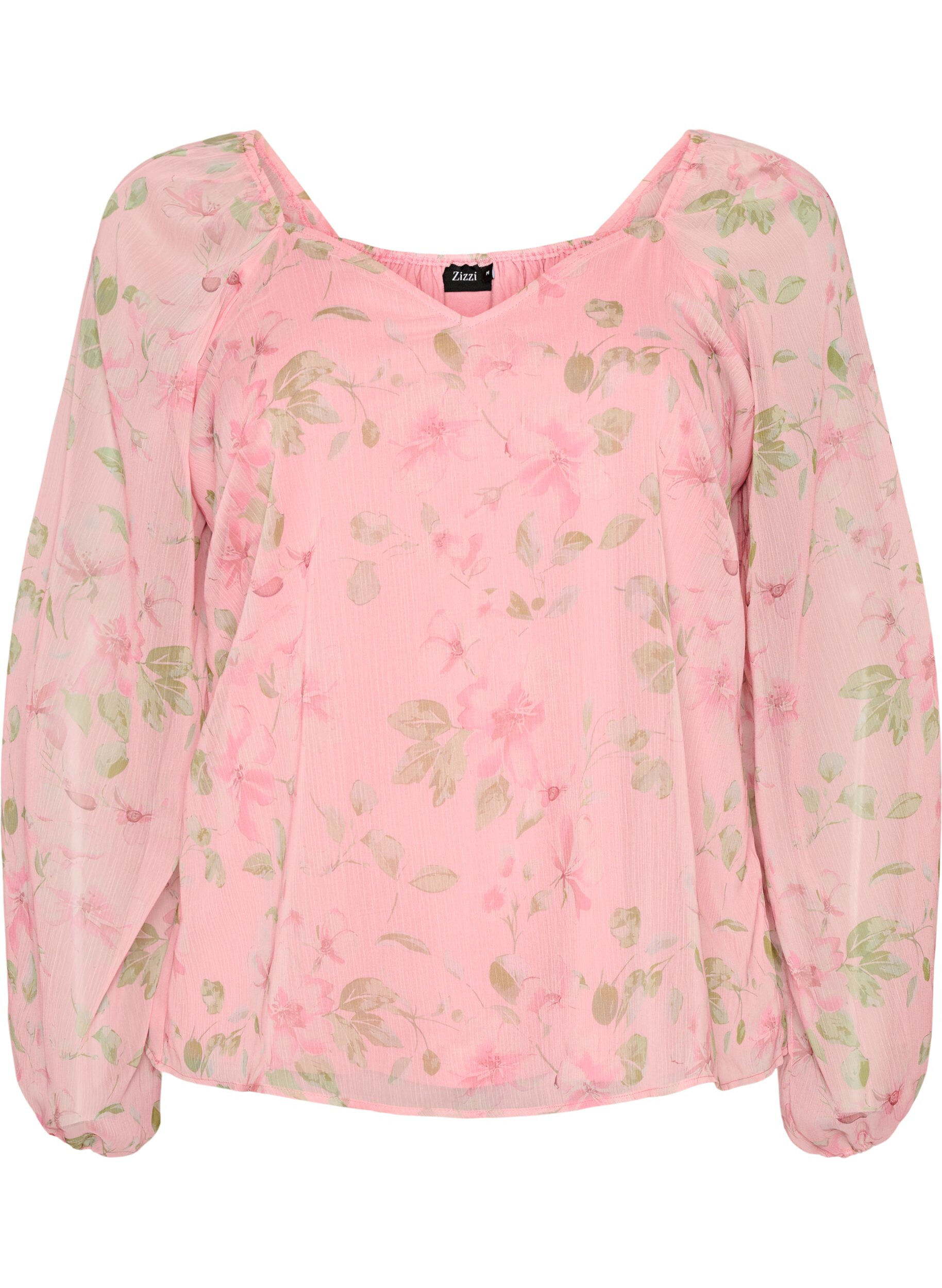 ZizziChiffongblus med blommigt tryck och l&aring;nga &auml;rmar, Rosa, Packshot image number 0