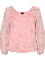 Chiffongblus med blommigt tryck och l&aring;nga &auml;rmar, Rosa