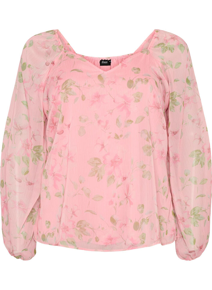 Chiffongblus med blommigt tryck och l&aring;nga &auml;rmar, Rosa, Packshot image number 0