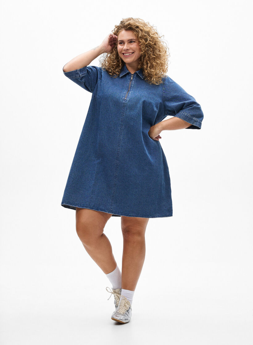 Kort denimkl&auml;nning med dragkedja och trekvarts&auml;rmar, Bl&aring;, Model image number 1