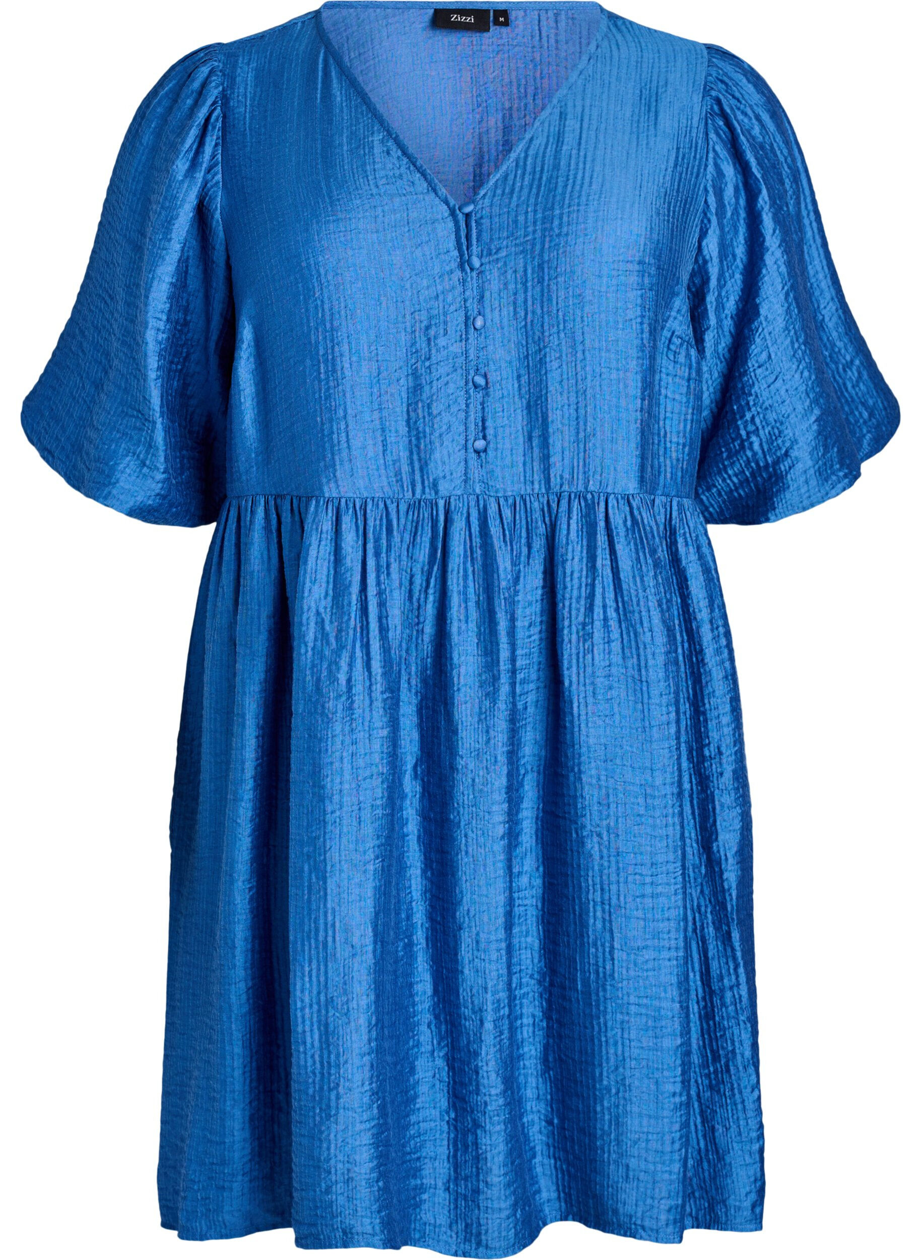 Zizzi Kort kl&auml;nning med textur och korta ballong&auml;rmar, Bl&aring;, Packshot image number 0