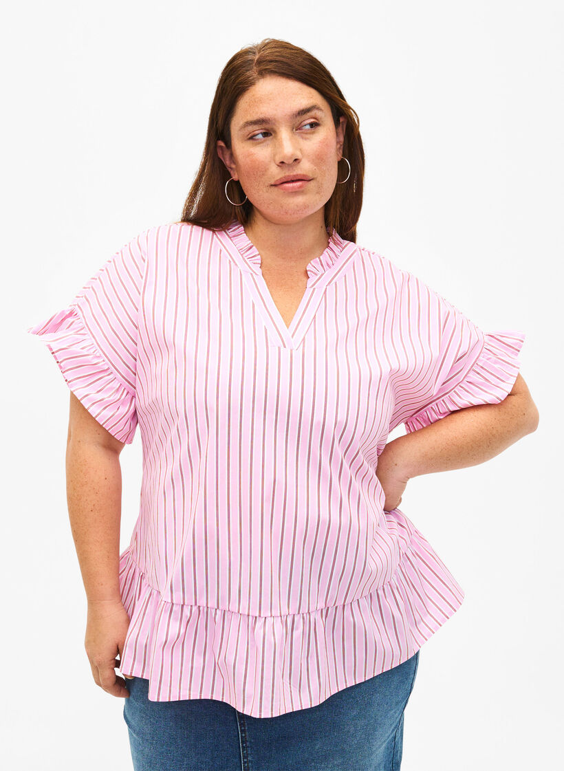Randig blus med peplum och volangdetaljer, Pink Red Stripe, Model image number 0