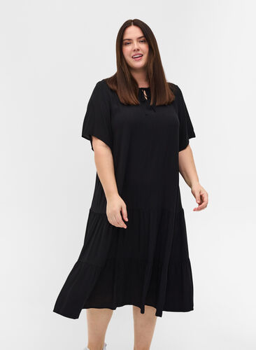 Kortärmad viskosklänning, Black, Model image number 0