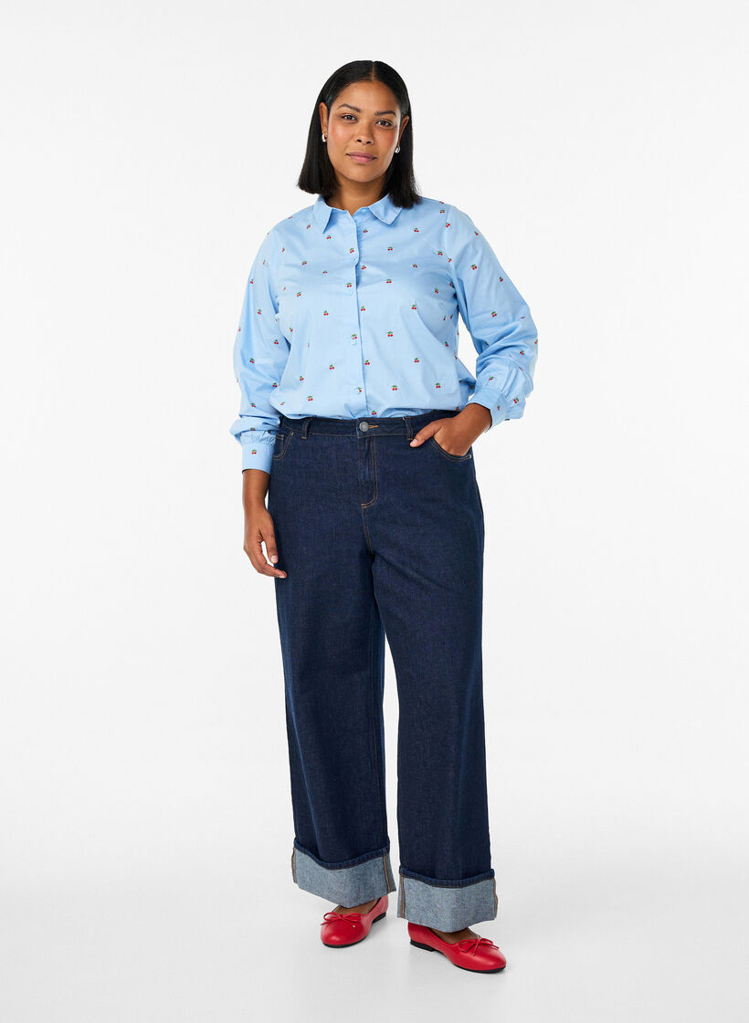 Skjorta med broderade k&ouml;rsb&auml;r, Bl&aring;, Model image number 1