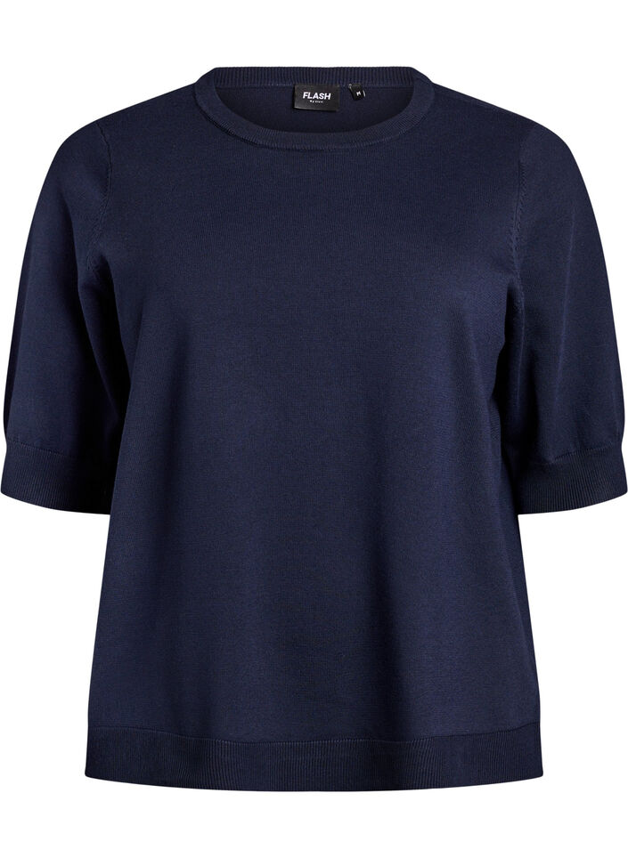 Finstickad blus med korta &auml;rmar, Bl&aring;, Packshot image number 0