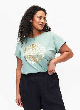 T-shirt i ekologisk bomull med guldtryck, Ch.Green Gold Flower, Model image number 0