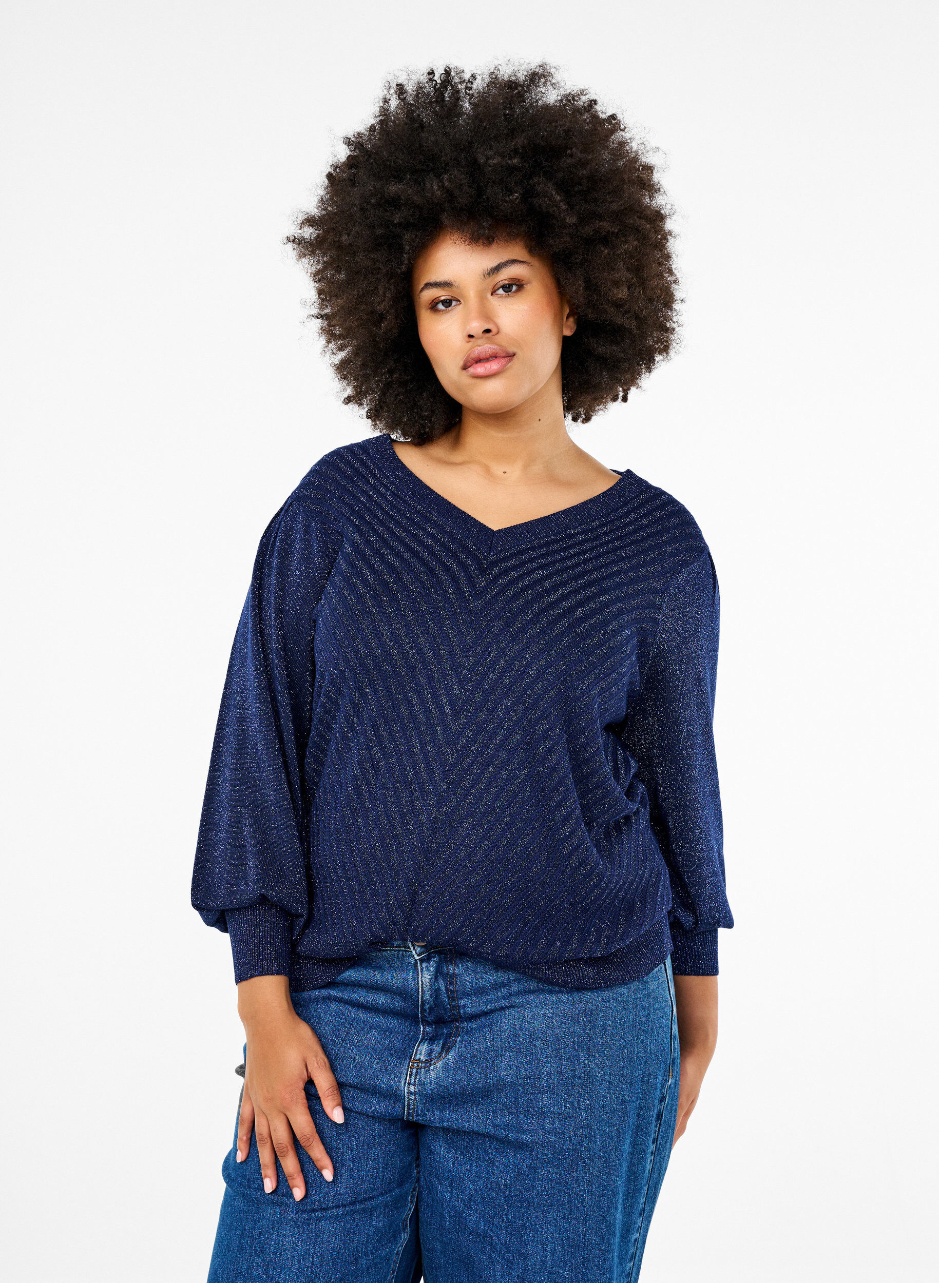 Zizzi Stickad blus med shimmer och V-ringning, Naval A.w.Blue Lurex, Model image number 0