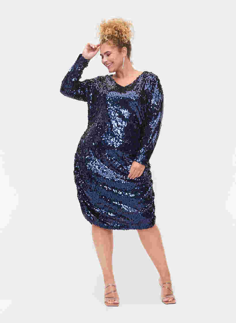 V-ringad pajlettklänning, Evening Blue, Model image number 2
