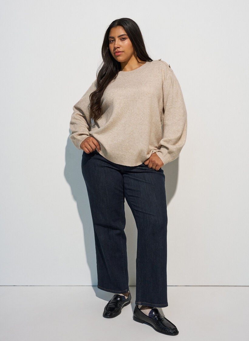 Stickad blus med knappdetalj, Beige, Model image number 1
