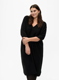 Ribbad klänning med trekvartsärm, Black, Model