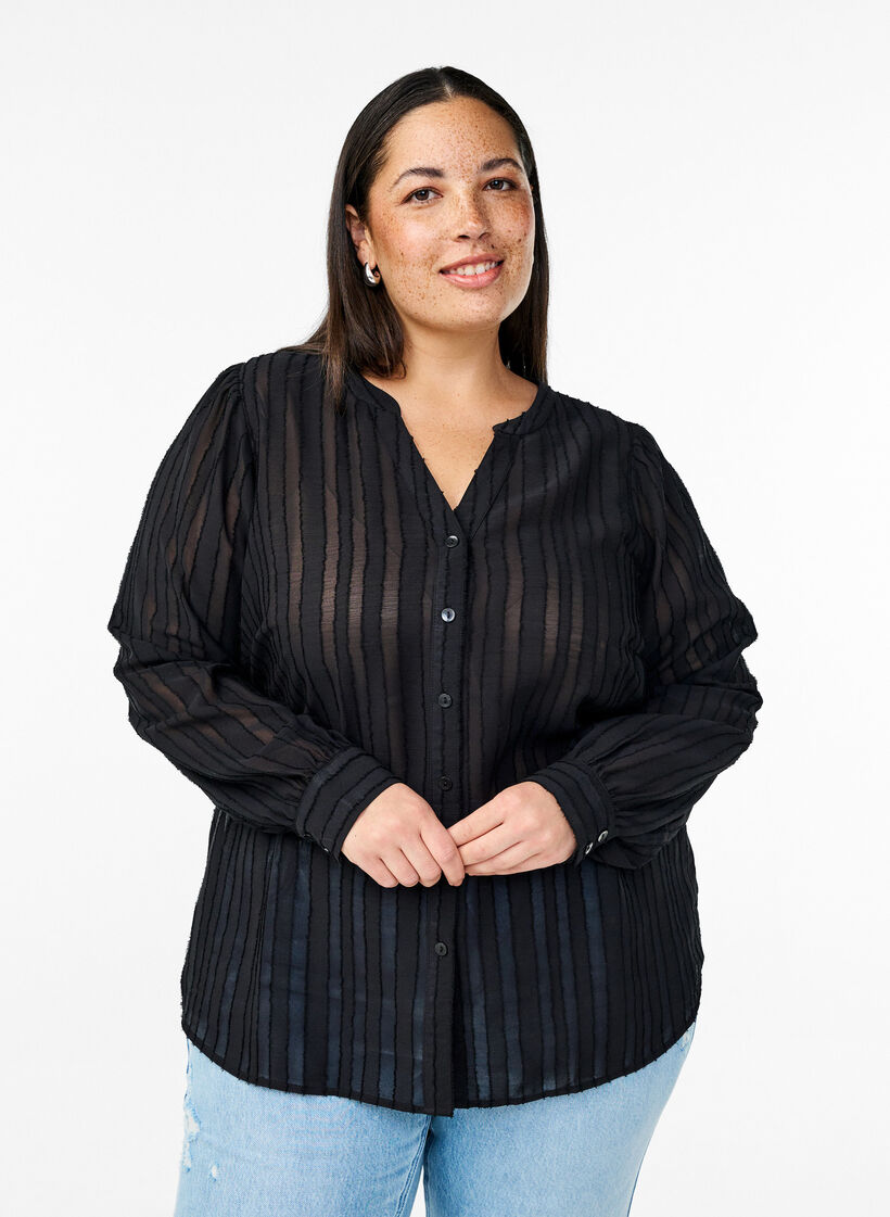 Randig skjortablus med transparenta ränder, Svart, Model image number 0