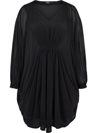 Långärmad klänning med v-ringning och smock, Black, Packshot image number 0