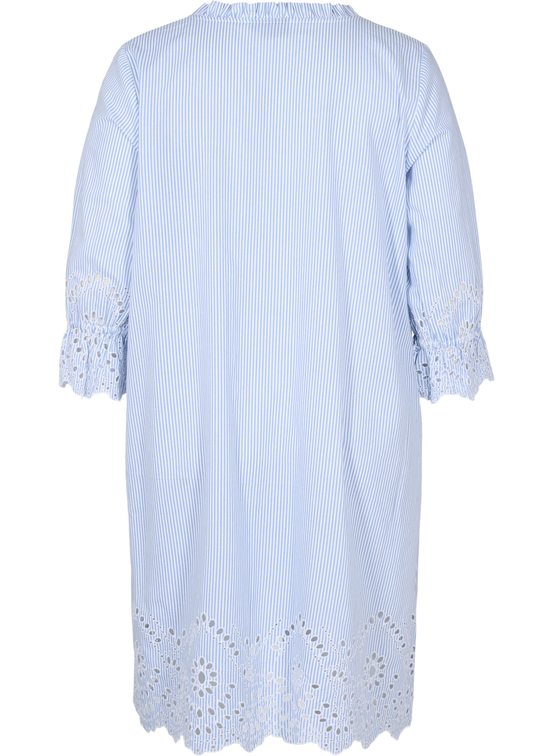 Zizzi Randig bomullskl&auml;nning med broderi anglaise, Blue Stripe, Packshot image number 1