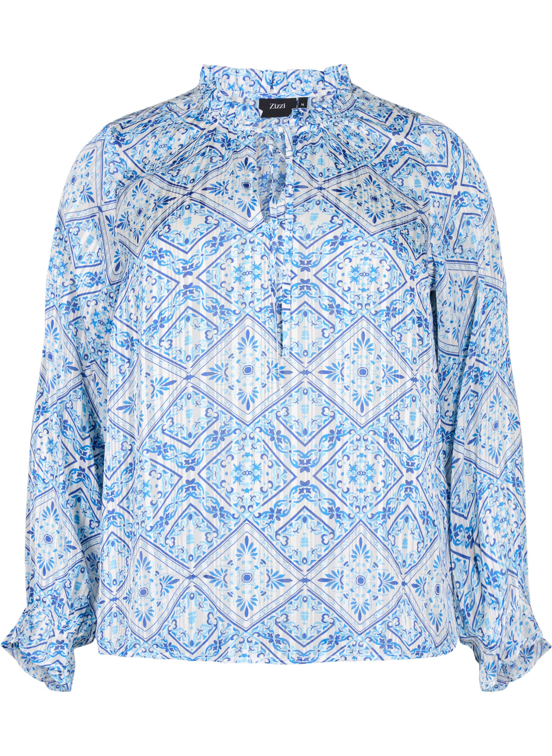 Zizzi L&aring;ng&auml;rmad blus med volanger och tryck, Beige, Packshot image number 0