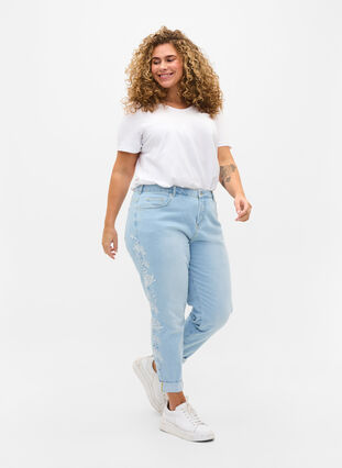 Croppade Mille jeans med mom fit och broderi, Light blue denim, Model image number 0