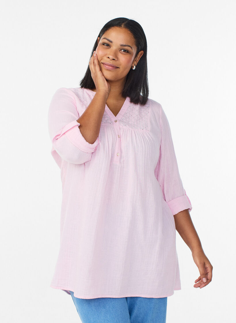 Tunika i bomullsmuslin med broderie anglaise, Rosa, Model image number 0