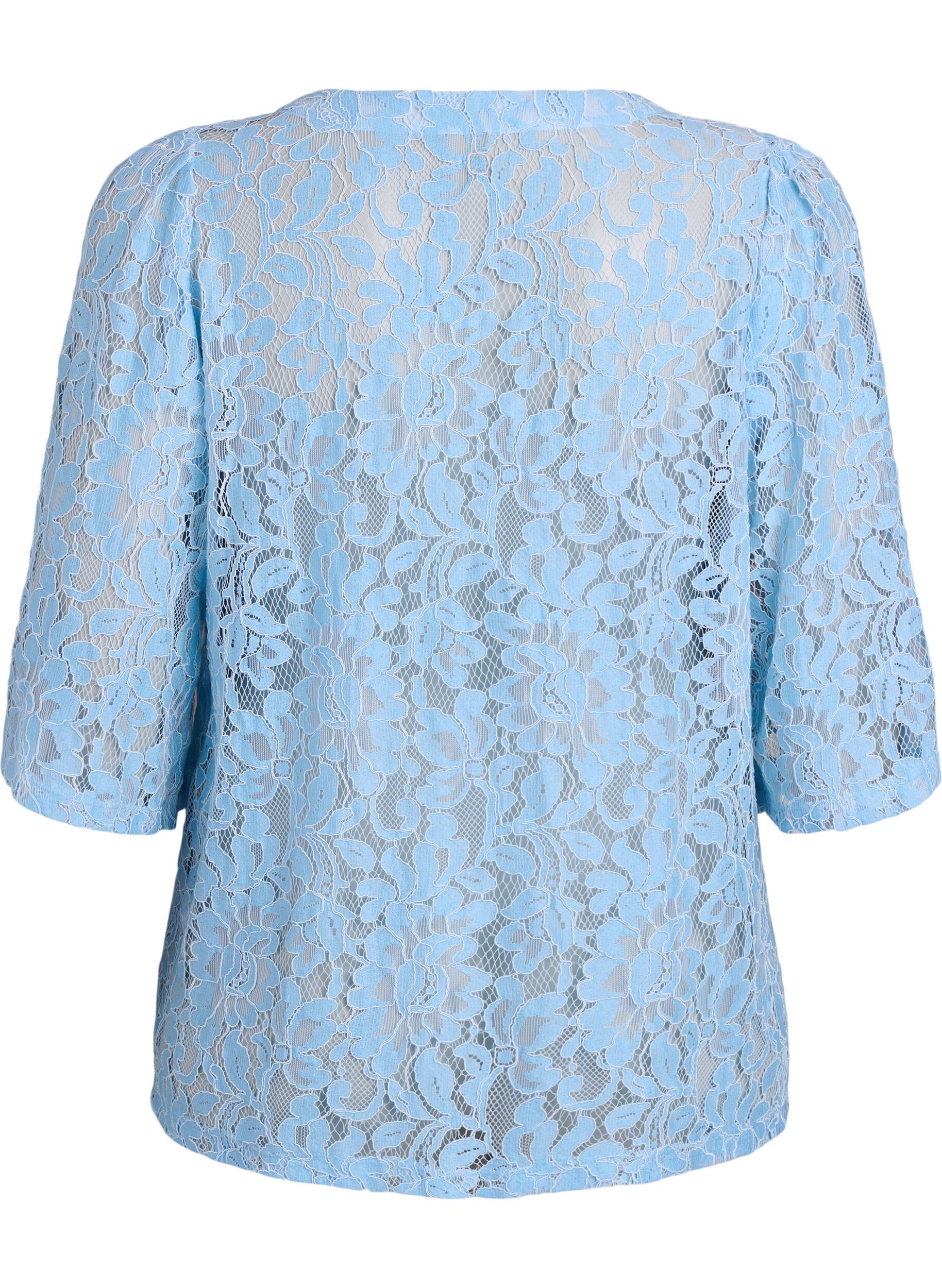 ZizziKort&auml;rmad blus i spets med v-ringning, Bl&aring;, Packshot image number 1