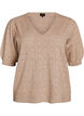 Kort&auml;rmad stickad blus med pointellem&ouml;nster, Beige, Packshot image number 0