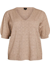 Kort&auml;rmad stickad blus med pointellem&ouml;nster, Beige