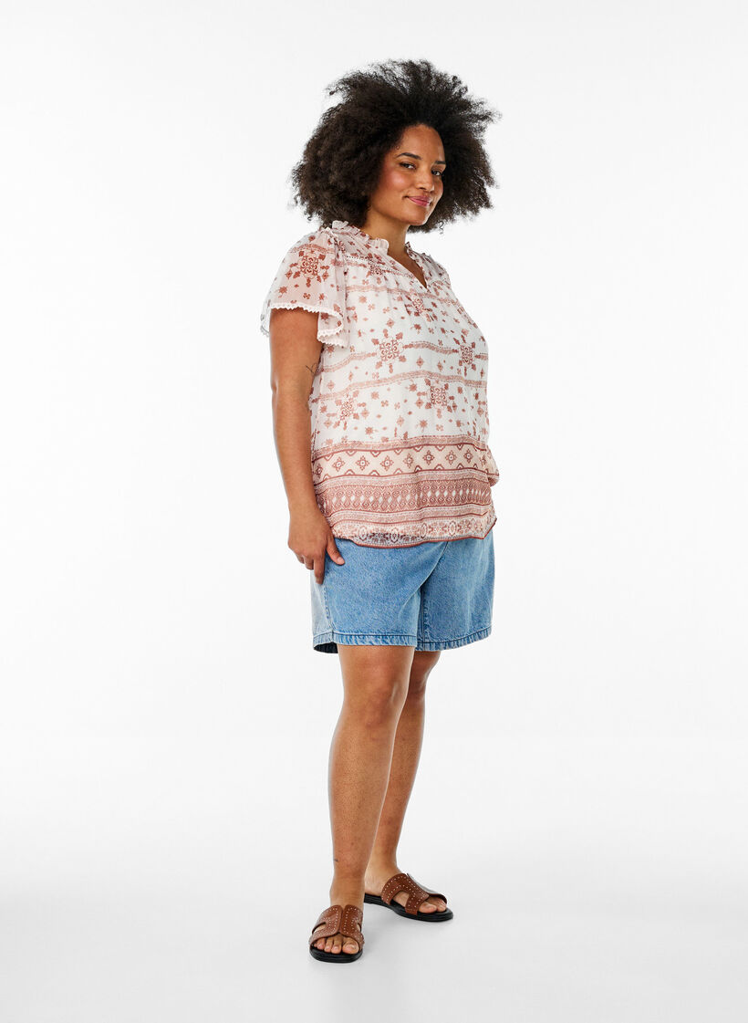 Mönstrad blus med volangdetaljer och korta ärmar, Vanilla, Model image number 1