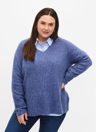 Stickad tröja med slits, Gray Blue Mel., Model image number 0