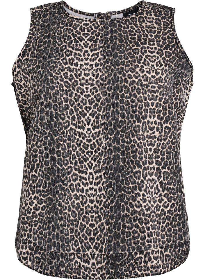 Leopardmönstrad denimtopp utan ärmar, Brun, Packshot image number 0