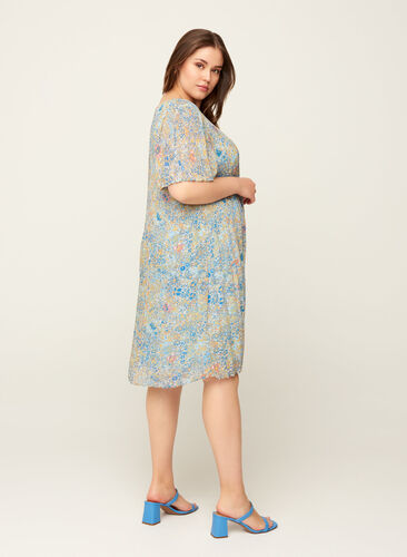 Plisserad klänning med blommönster, Light Blue Multi AOP, Model image number 1
