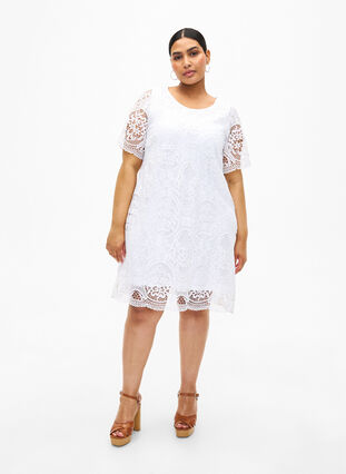 Kortärmad festklänning i spets, Bright White, Model image number 2