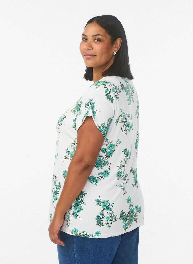 T-shirt med blommigt tryck, Vit, Model image number 2