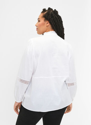 Skjortblus med volangkrage och virkat band, Bright White, Model image number 1