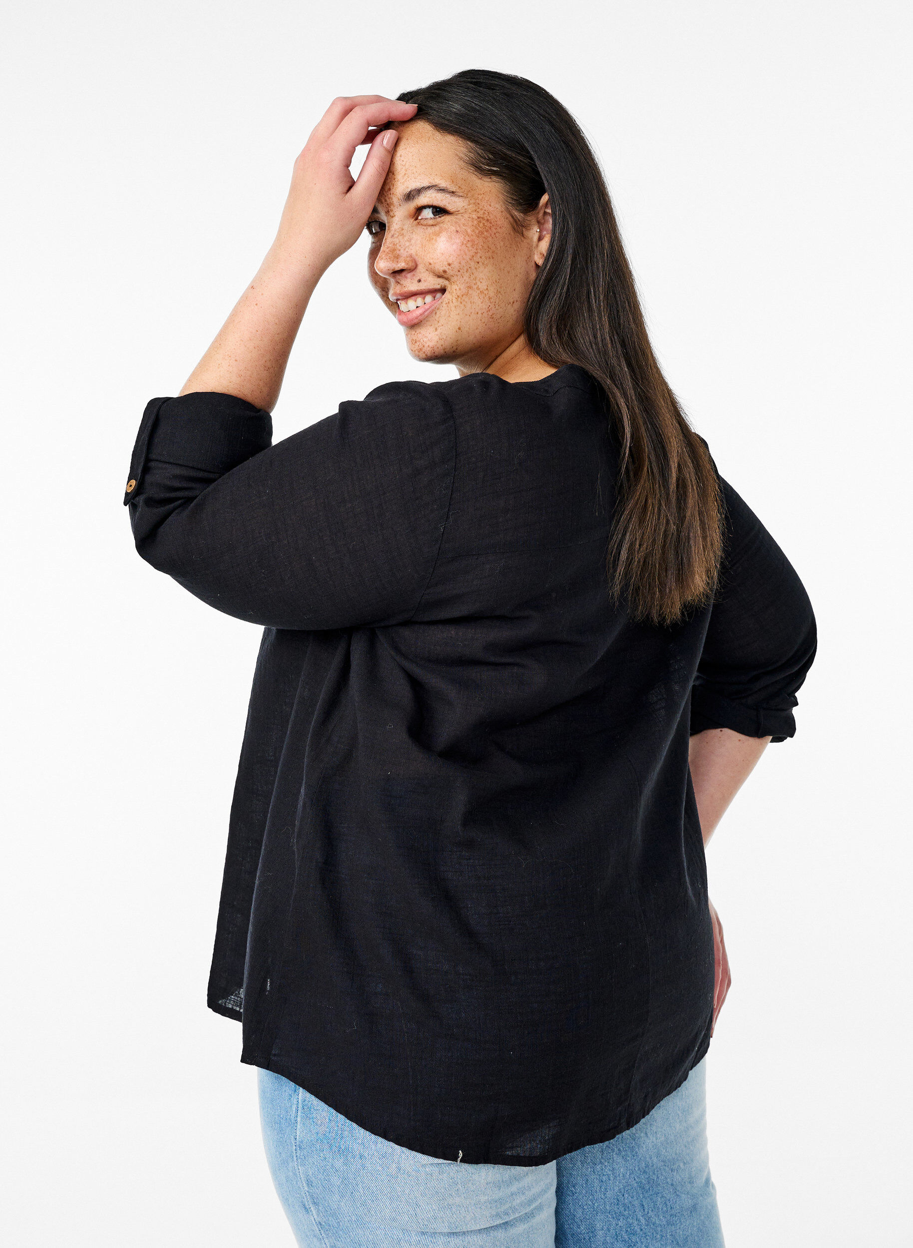 ZizziBomullsblus med v-ringning, Svart, Model image number 2