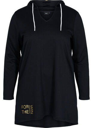 Lång sweatshirt med v-ringning och huva, Black, Packshot image number 0