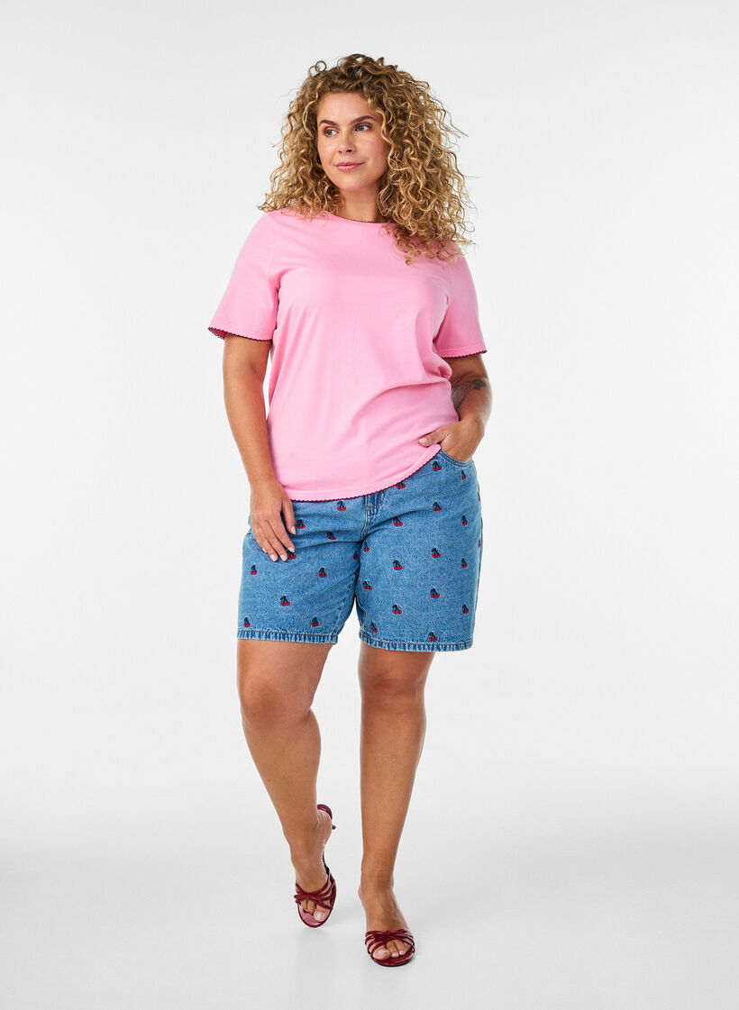 T-shirt i bomull med v&aring;giga kontrasterande kanter, Rosa, Model image number 1