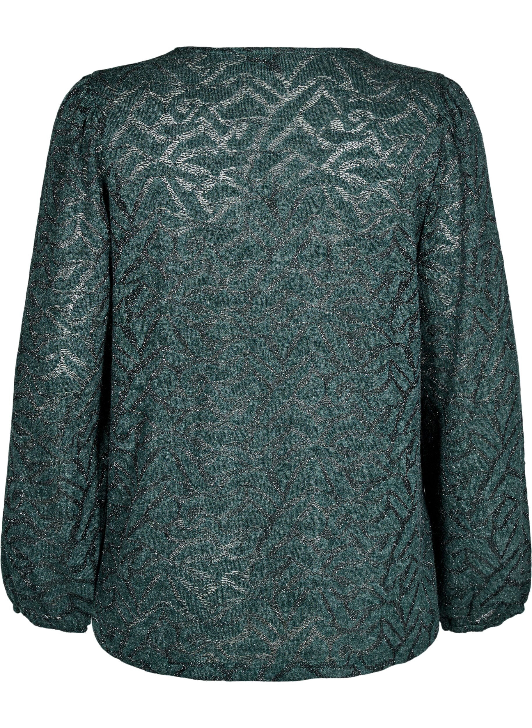 Zizzi L&aring;ng&auml;rmad blus med glitter och m&ouml;nster, Gr&ouml;n, Packshot image number 1