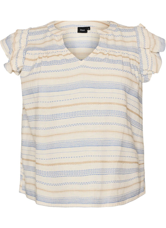 &Auml;rml&ouml;s blus med volanger och m&ouml;nstrade r&auml;nder, Vanilla, Packshot image number 0
