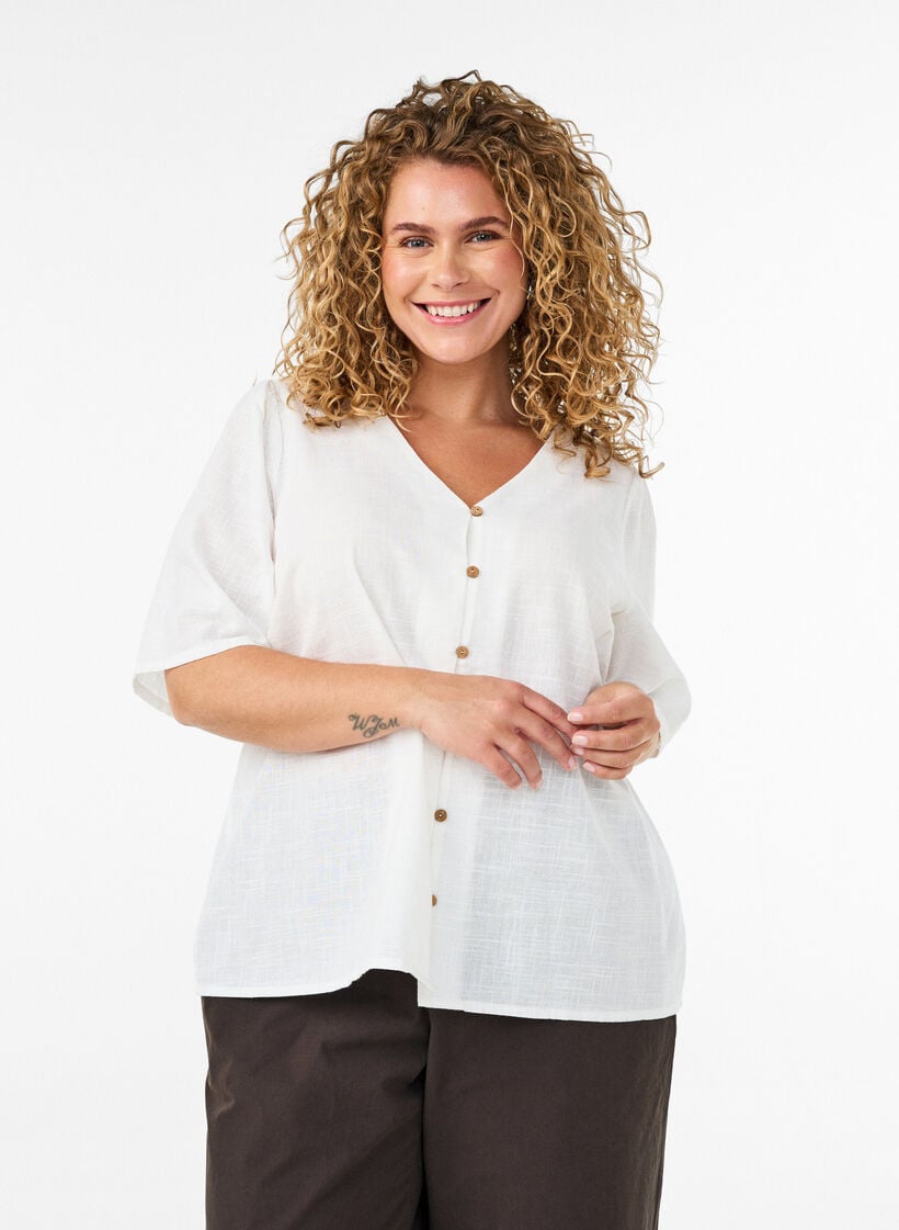 Kort&auml;rmad skjorta i bomull med v-ringning, Vit, Model image number 0