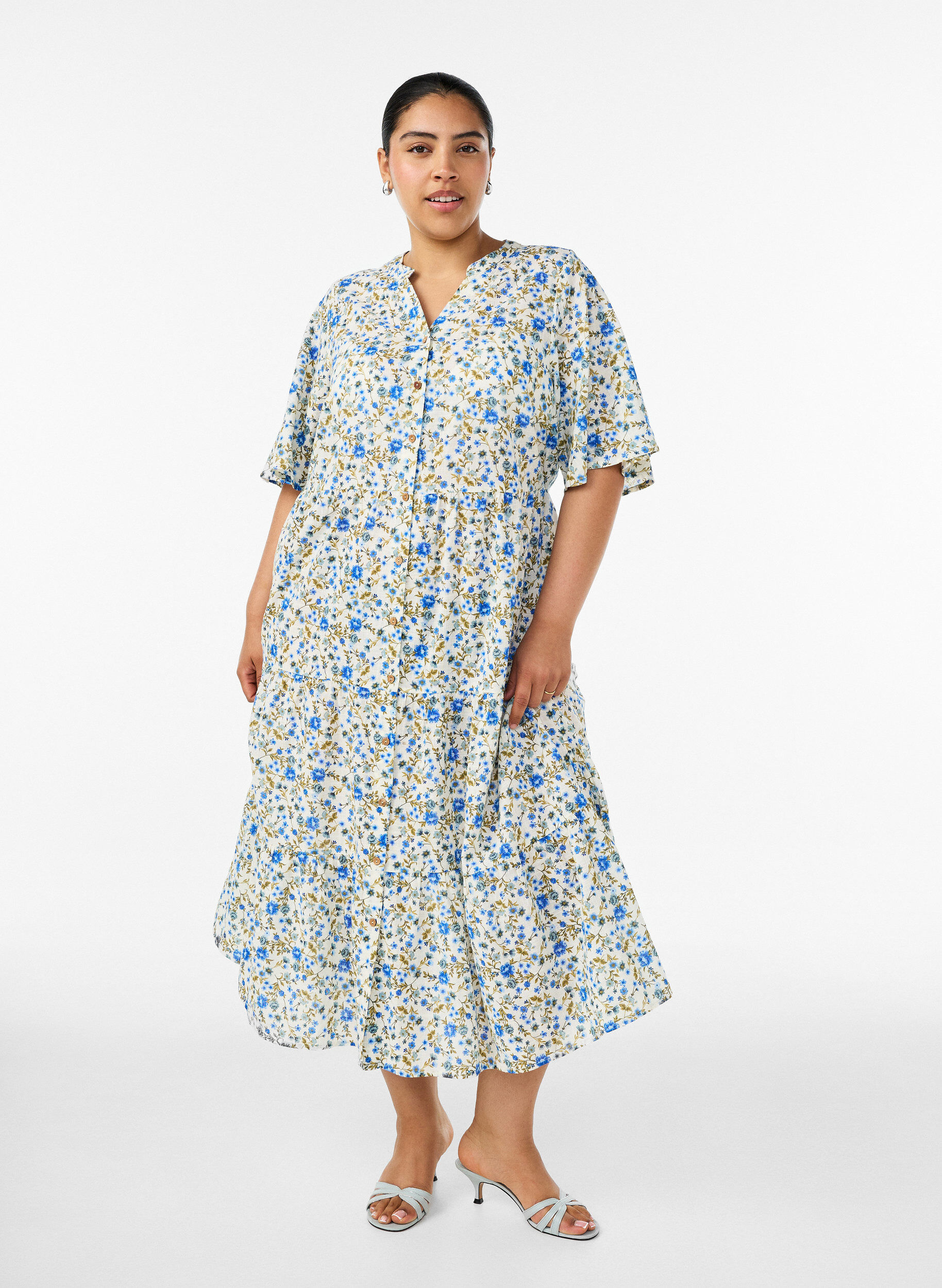 ZizziMidikl&auml;nning i bomull med blommigt m&ouml;nster, Bl&aring;, Model image number 0