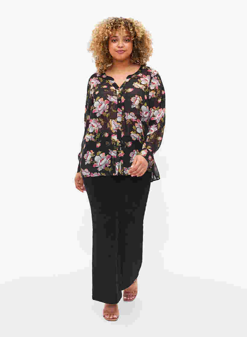 Skjorta med v-ringning och mönster, Black/Beige Flower, Model image number 2