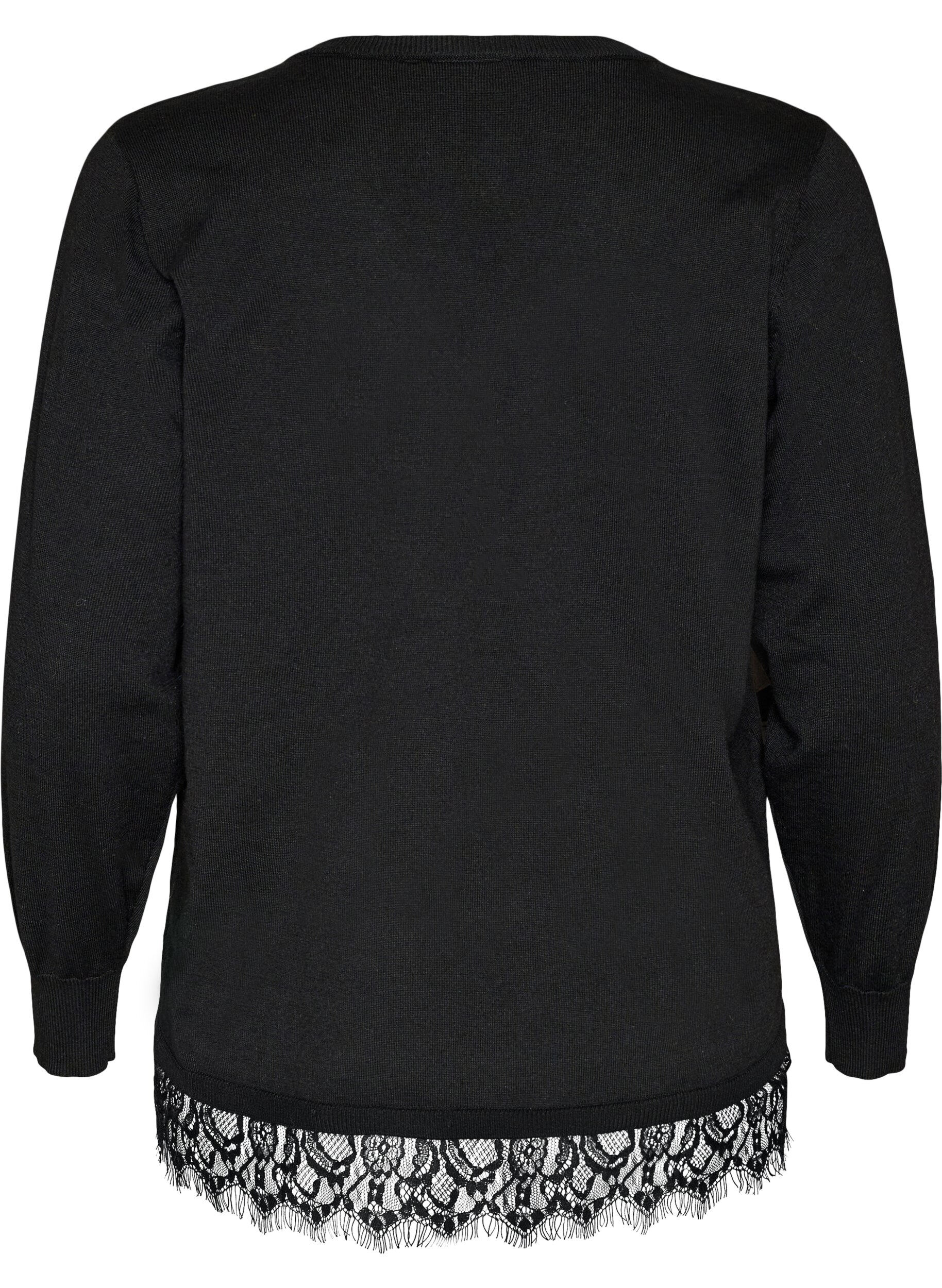 ZizziStickad blus med v-ringning och spetskant, Svart, Packshot image number 1