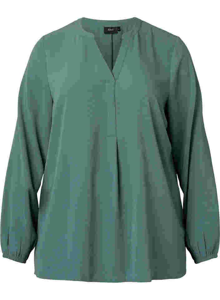 Enfärgad blus med v-hals, Mallard Green, Packshot image number 0