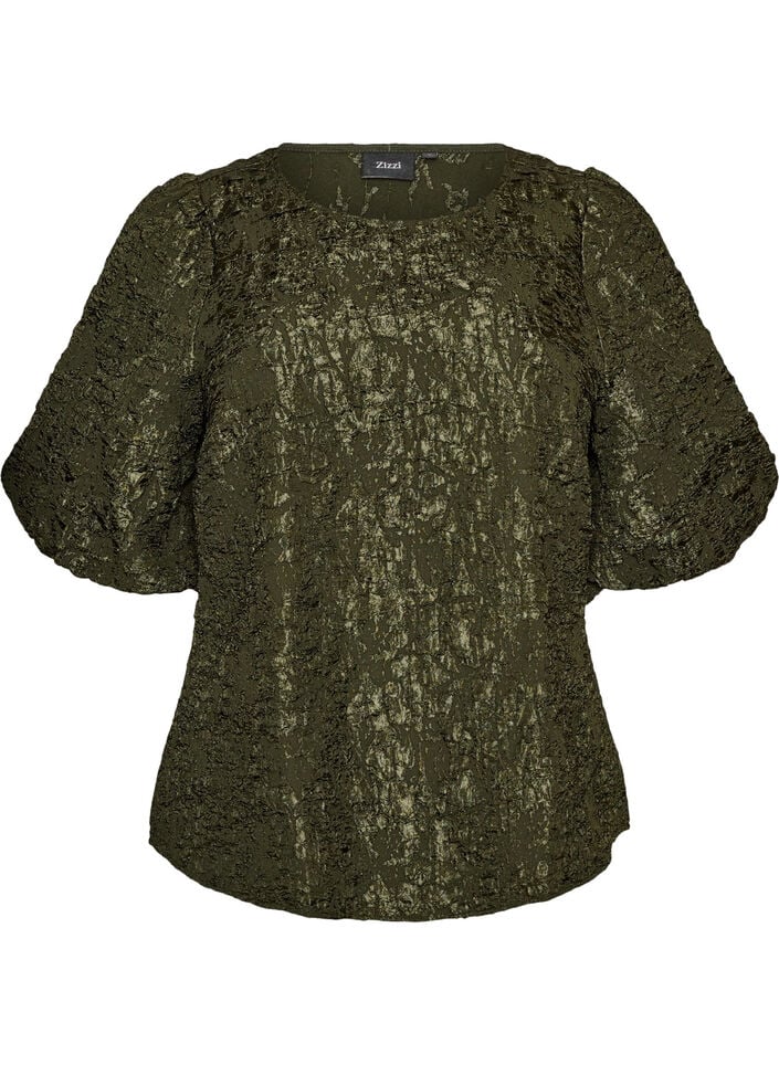 Blus i jacquard med puff&auml;rmar och a-linjeformad passform, Gr&ouml;n, Packshot image number 0