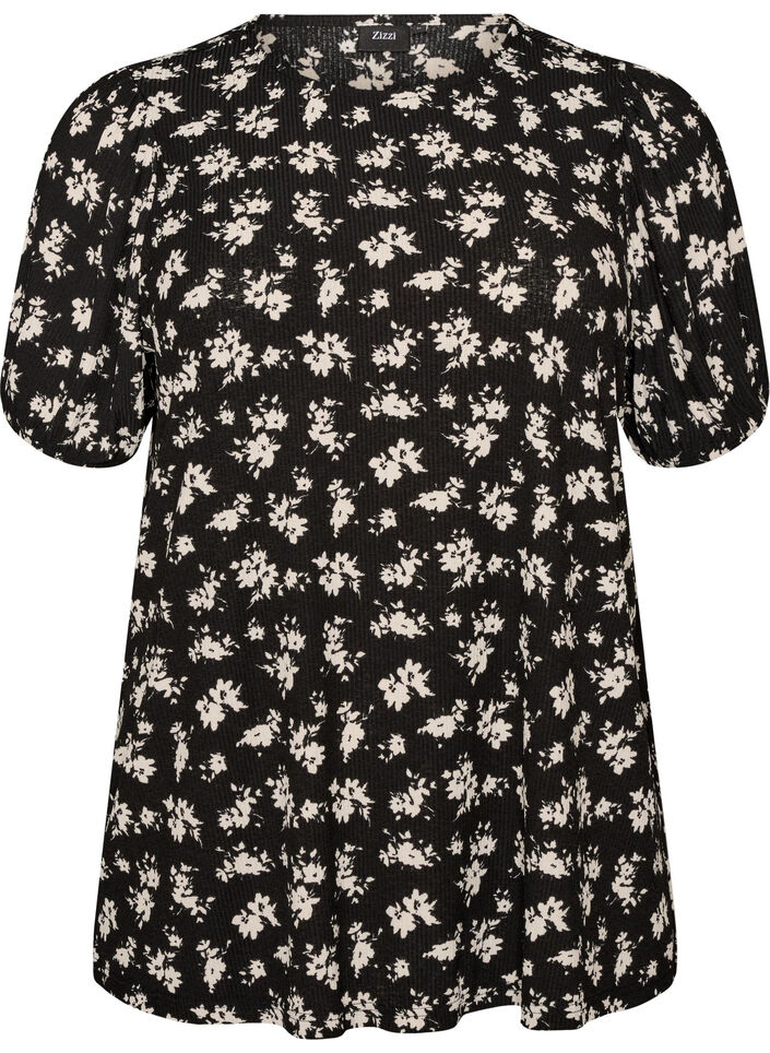 Blus med l&aring;nga &auml;rmar och blommigt tryck, Svart, Packshot image number 0
