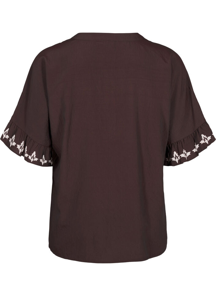 Kortärmad blus med tryck och volanger, Brun, Packshot image number 1