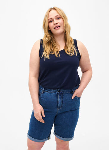 Åtsittande jeansshorts med hög midja, Blue Denim, Model image number 0