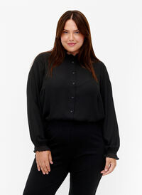 Skjortblus med volangdetaljer, Black, Model