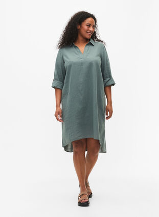 Randig klänning i bomull och linne, Balsam Green, Model image number 2