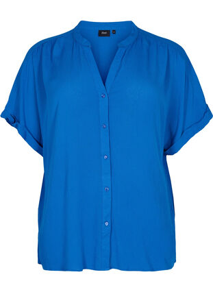 Kortärmad viskosskjorta med v-ringning, Classic Blue, Packshot image number 0