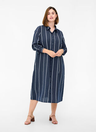 Lång skjortklänning i bomull med randigt mönster, N.Sky w.White Stripe, Model image number 0