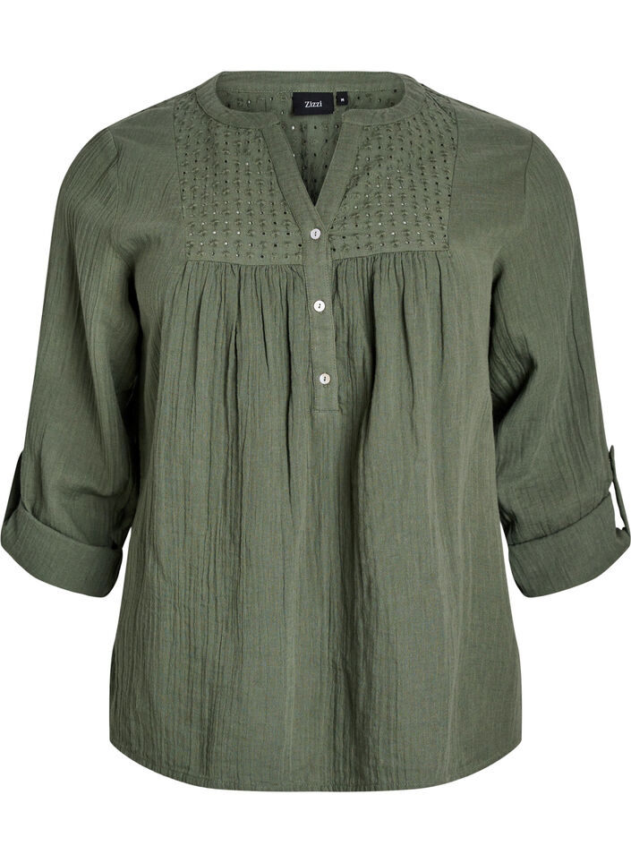 Blus i bomullsmuslin med broderie anglaise, Gr&ouml;n, Packshot image number 0