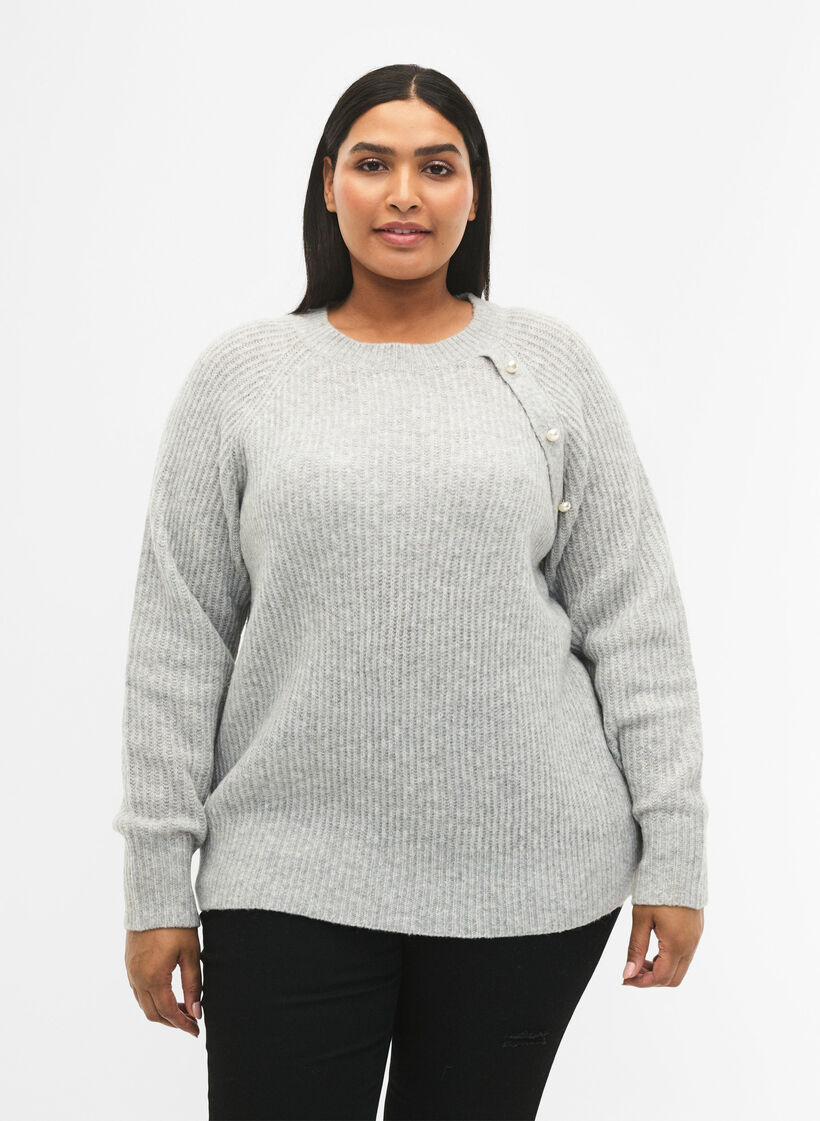 Melerad pullover med pärlknappar, Light Grey Melange, Model image number 0